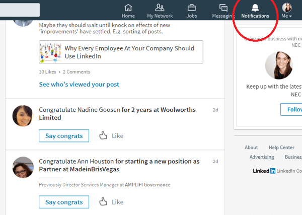 Kui klõpsate ikooni Märguanded, kuvab LinkedIn ühendused, kellel on hiljuti olnud eriline sündmus.