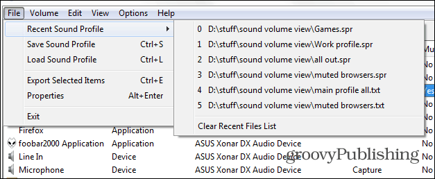 SoundVolumeView põhikoormusprofiil