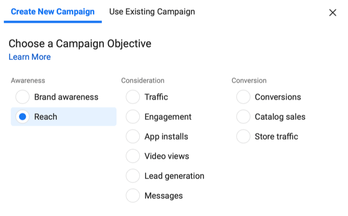 instagram loob uue kampaaniamenüü, mille teadlikkuse alt on valitud katvuse eesmärk