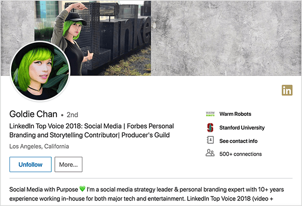 See on ekraanipilt Goldie Chani LinkedIni profiilist. Ta on roheliste juustega Aasia naine. Profiilifotol on tal meik, must kaelakee ja must särk. Tema märksõnaks on „LinkedIn Top Voice 2018: sotsiaalmeedia | Forbesi isikliku kaubamärgi ja jutustamise kaasautor | Produtsentide gild ”