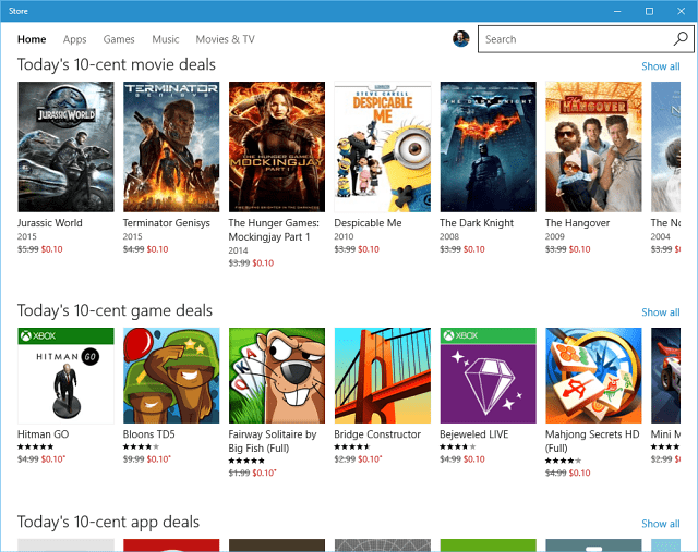 Windows Store 10 sendised pakkumised