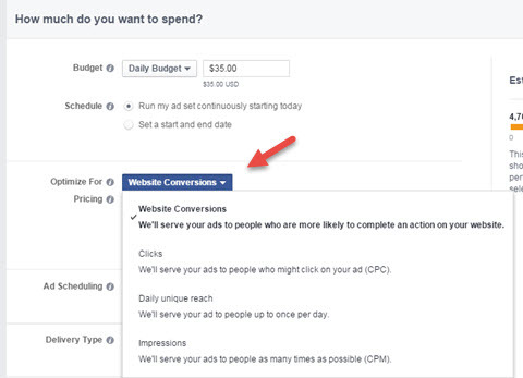 facebooki reklaamikonversioonide optimeerimise valik