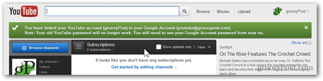 Linkige YouTube'i konto uue Google'i kontoga - kinnitus - konto on üle viidud