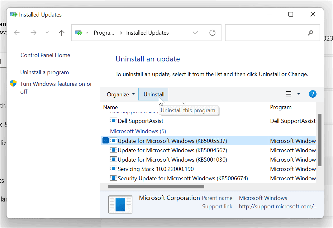 desinstallige Windows 11 kumulatiivne värskendus