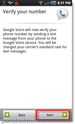 Google Voice Android-mobiilikonfiguratsioonis kinnitage number