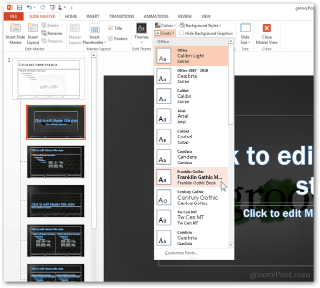 Office 2013 malli loomine Kohandatud kujunduse muutmine POTX-i slaidide kohandamine Sissejuhatus Master-fontide libistamiseks konfigureerimise muutmine 