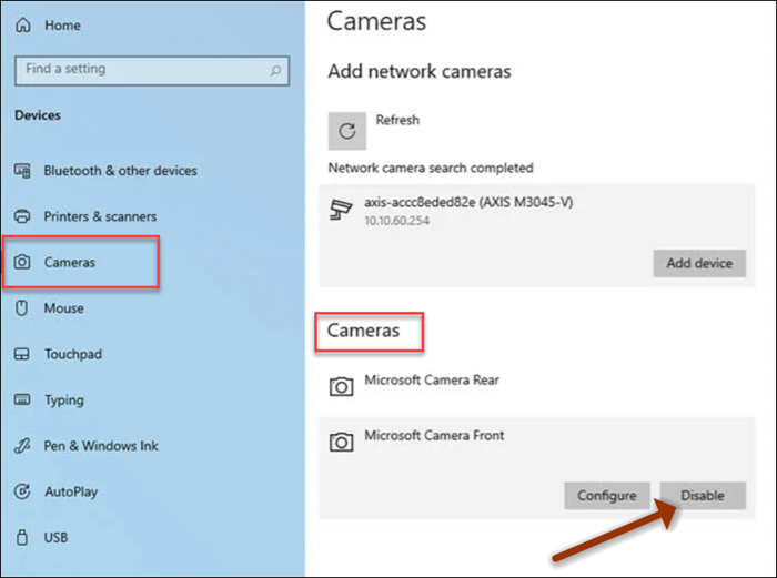 Windows 10 seadistuste kaamera