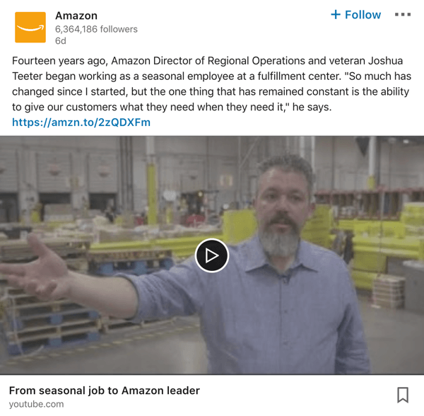 Amazoni LinkedIni ettevõtte lehe videopostituse näide.