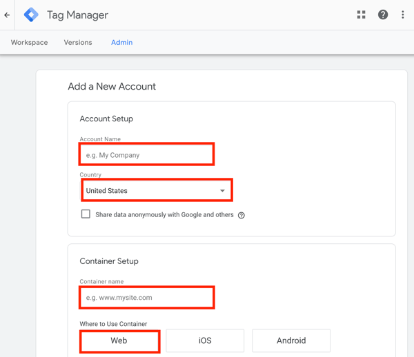 Uue Google Tag Manageri konto lisamiseks kasutage Google'i märgendihaldurit koos Facebookiga, 1. samm