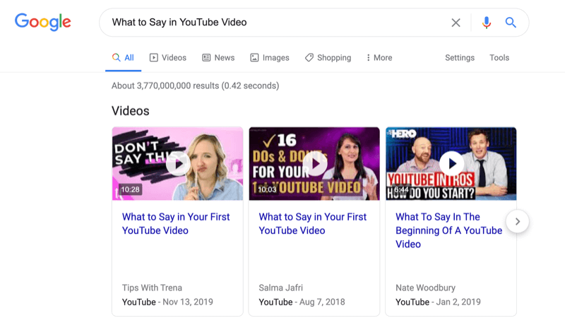 ekraanipilt Google'i otsingust selle kohta, mida öelda youtube'i videos, märkides ära videootsingu tulemused