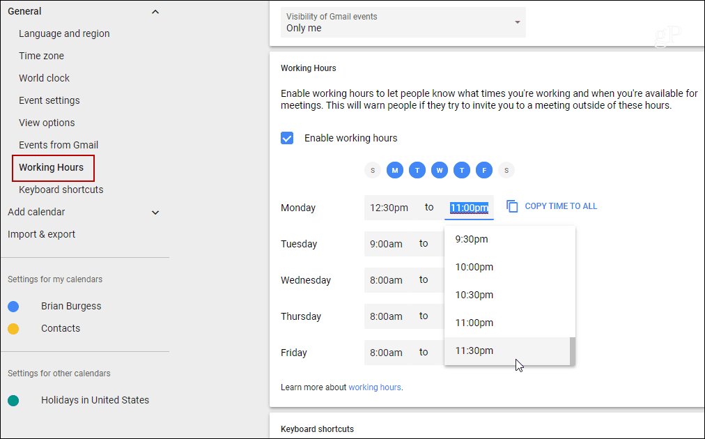 Määrake Google kalendri üksikute päevade tööaeg