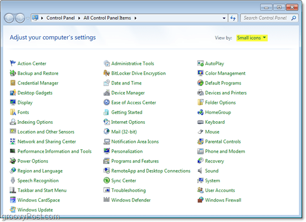 Windows 7 juhtpaneel automaatselt väikeste ikoonide vaates
