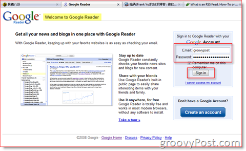 Google Readeri sisselogimisleht:: groovyPost.com