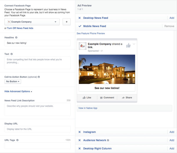 facebooki lõuendi reklaami edastamise võimalused