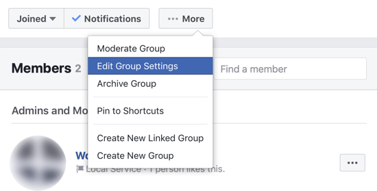Kuidas parandada oma Facebooki grupi kogukonda, menüüvalik Facebooki grupi seadete muutmiseks