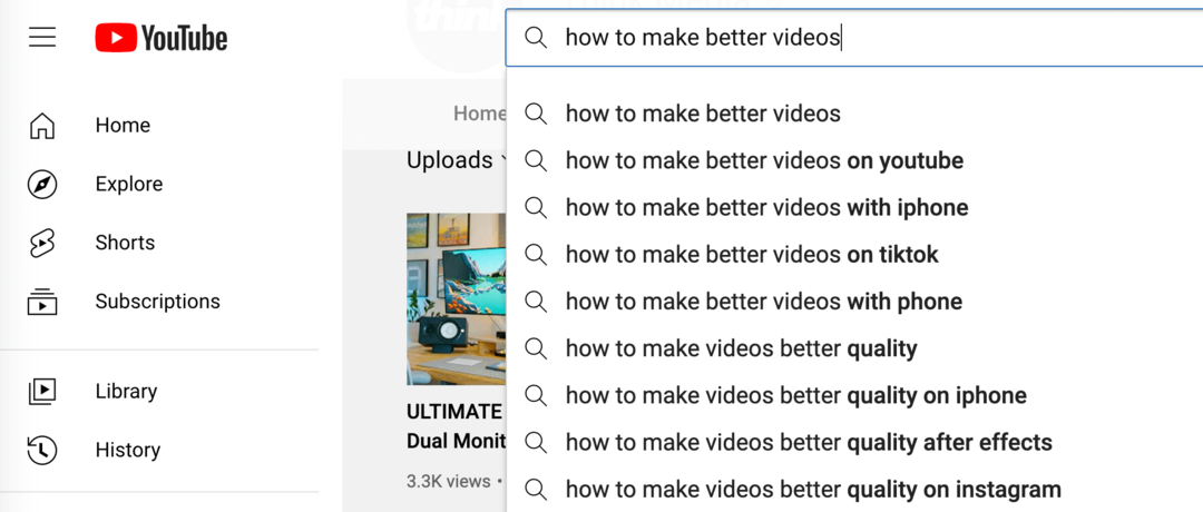 YouTube'i otsingu automaatsete soovituste pilt