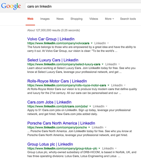 linkedin ettevõtte lehe tulemuseks on google otsingutulemid autode otsingule