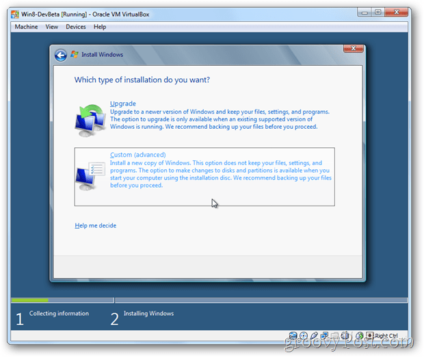 VirtualBox Windows 8 vali kohandatud install
