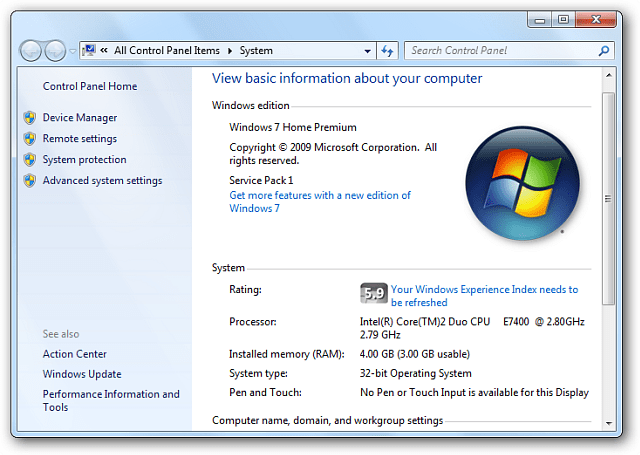 WEI tööriist Windows 7