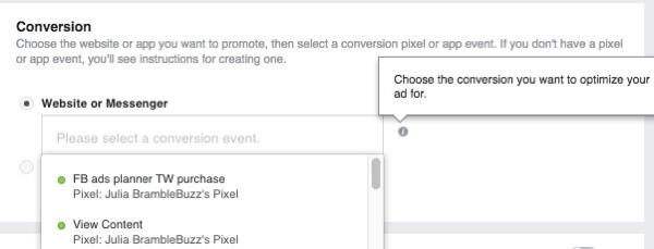 Veebisaidikonversioonide reklaamikampaania seadistamisel valige piksel, mida kasutatakse konversioonide jälgimiseks.