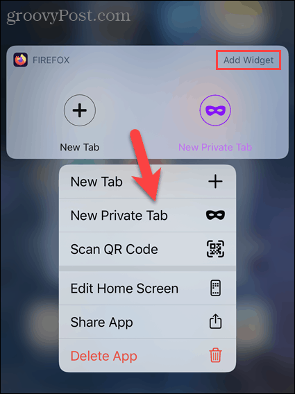 Vajutage pikalt Firefoxi ikooni iOS-is ja valige Uus privaatne sakk