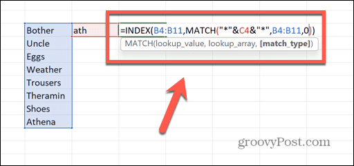 Exceli indeksi vaste valem