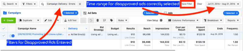 facebooki reklaamihalduri näidisseaded, mis näitavad kampaania edastamise filtrit: vead filtri nupu kõrval, märkides määratud kuupäevavahemiku ja võimaluse salvestada filter edaspidiseks kasutamiseks
