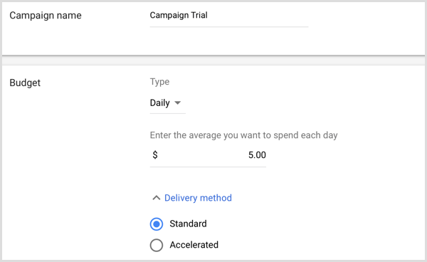 Lisage Google AdWordsis kampaania nimi ja eelarve.