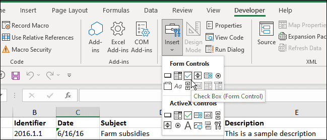 sisestage märkeruut arendaja Excel