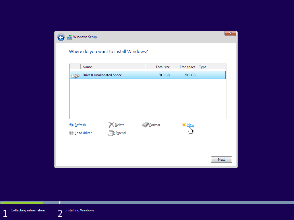 07 Looge eraldamata ruumist 5 uus partitsioon Windows 10 puhas install