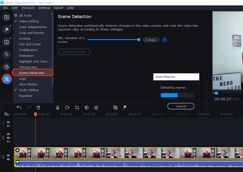 pääsete juurde stseeni tuvastamise funktsioonile Movavi Video Editor Plus'is