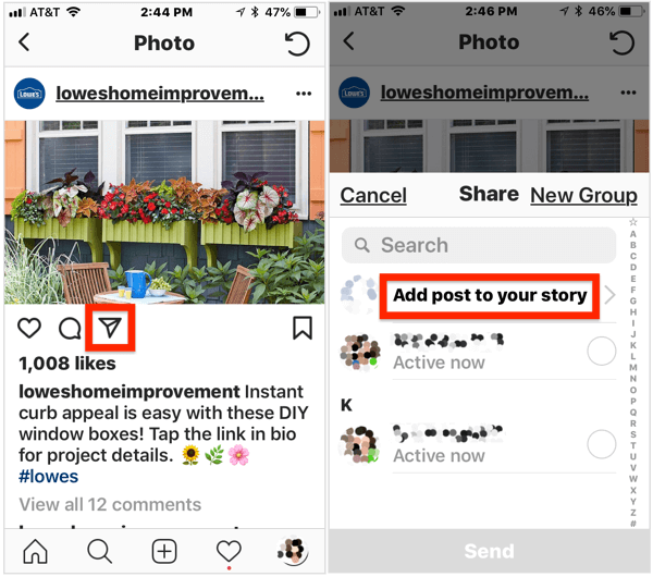 Avaliku postituse lisamiseks oma Instagrami loole avage postitus, puudutage pildi all olevat lennukiikooni ja valige siis hüpikmenüüst Lisa postitus oma loole.