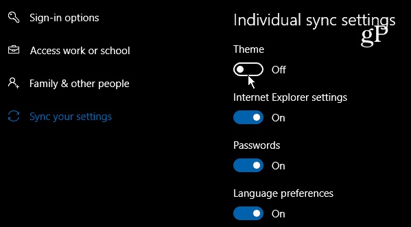 Windows 10 individuaalsed sünkroonimisseaded