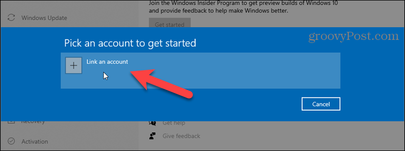 Klõpsake Windows Insider Programi konto linkimist