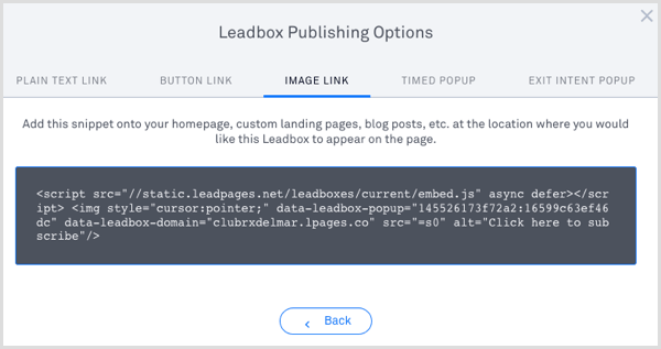 LeadPagesi Leadboxi avaldamiskood 