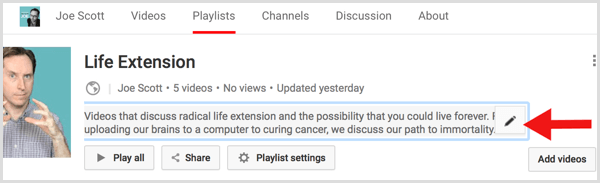 YouTube esitusloendi kirjelduse muutmine