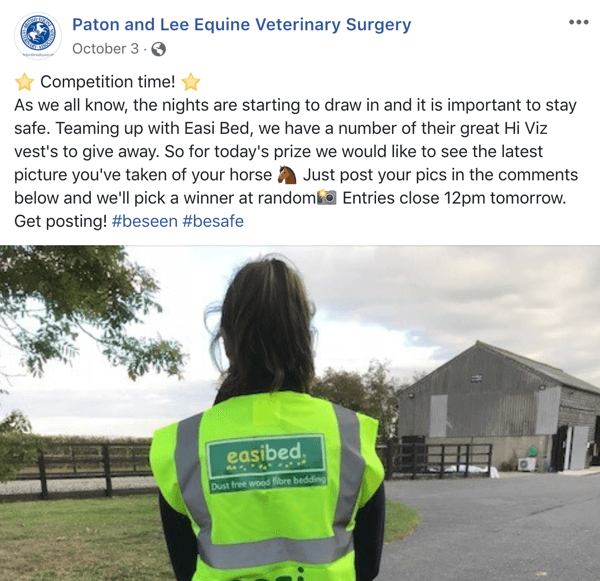 Näide Facebooki postitusest Patoni ja Lee hobuste veterinaarkirurgi võistlusega.