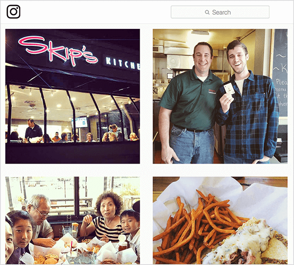 See on ekraanipilt Instagrami fotodest, millel on silt #skipsdiner. Üks näitab restorani välisust, üks näitab meest, kellel on kaart, nagu oleks ta võitnud Jokeri mängu, üks näitab peret söömas lauas ja üks näitab kellegi tellitud toitu. Jay Baeri sõnul on Jokeri mäng näide kõnepõhjast.