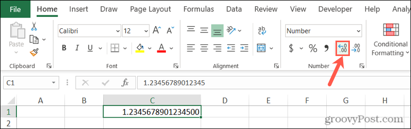 Peatage Exceli arvude ümardamine nupu Suurenda kümnendkohaga abil