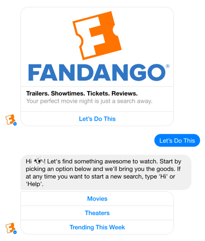 Fandango Facebook Messengeri vestlusrobot aitab kasutajaid filmivalikute kaudu juhtida.