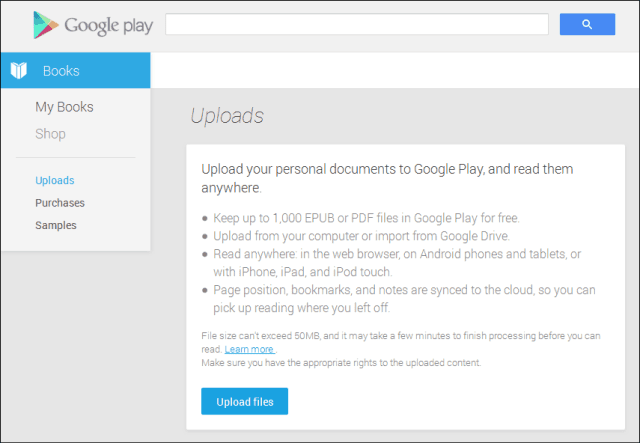 Google Play raamatud laadivad dokumendid üles