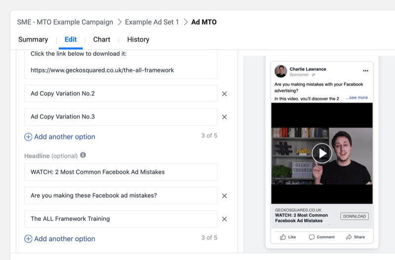 Kuidas lasta Facebookil automaatselt esitada parimat reklaamteksti: mitu tekstivalikut: sotsiaalmeedia eksamineerija