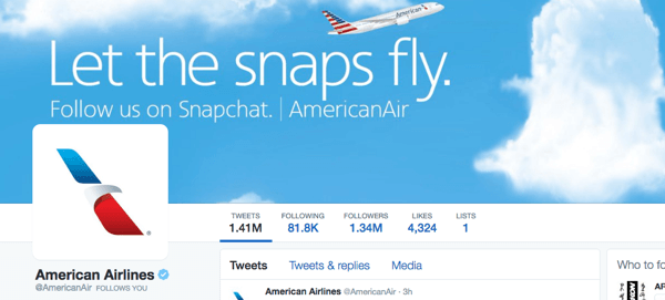 Ameerika lennufirmade twitteri pilt koos snapchatiga
