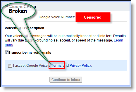 Google Voice'i teenusetingimuste link on katki