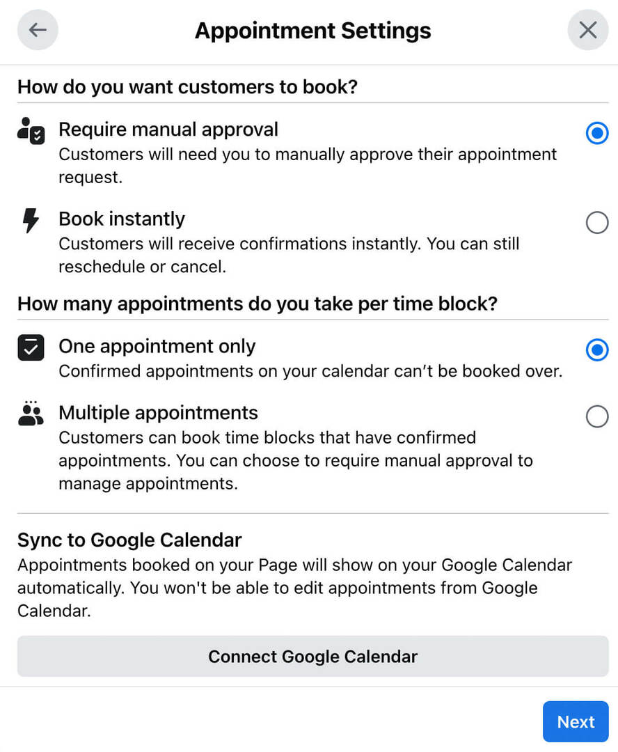 kuidas-luua-raamat-now-action-button-for-classic-facebook-page-confirm-appointment-settings-review-appointments-manually-use-native-prevent-double-bookings-sync-google-calendar- näide-7