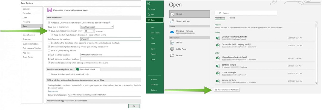 Exceli failide salvestamine Exceli OneDrive'i automaatse taastamise teenusesse