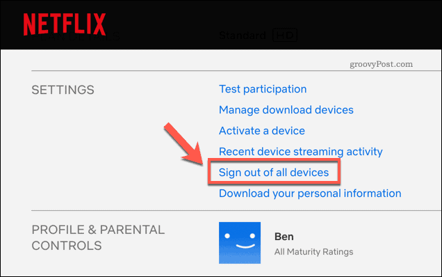 Logige kõigist Netflixi seadmetest välja Netflixi konto seadete lehel