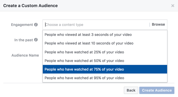 Video seotusel põhineva kohandatud vaatajaskonna jaoks saate valida, kui palju teie videost peab teie uuesti sihtiva reklaami nägemiseks vaatama.