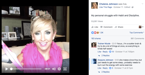 Facebook Live'i videopostitus Chalene Facebooki lehel.