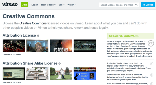 Vimeo rühmitab videomaterjali litsentsitüübi järgi ja sisaldab paremal iga tüübi selgitusi.